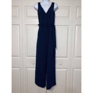 Navy Blue Sleeveless V-Neck Jumpsuit With Belted Waist Size 0